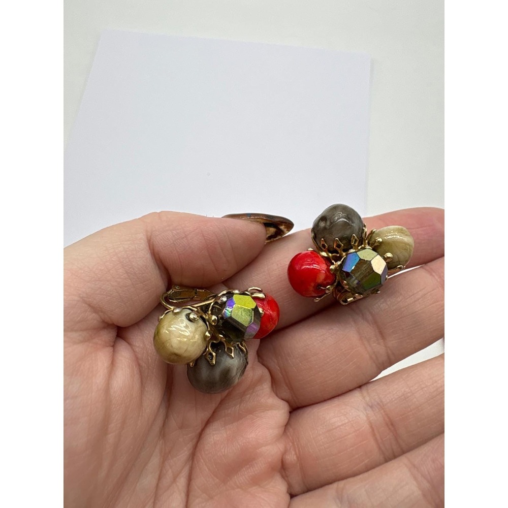 Vogue Vintage Clip On Earrings Gold Tone Multi Color Beaded Cluster AB Crystal